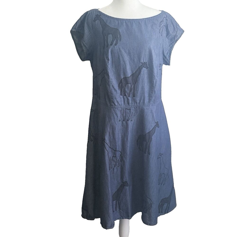 eShakti Embroidered Denim Giraffe Dress 1X Cap Sleeve Midi Lagenlook Art to Wear
